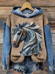 Women's Vintage Horse Art Patchwork  Hooded  Sweatshirt