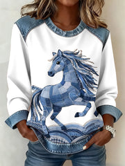 Women's Vintage Horse Art Denim Patchwork Top