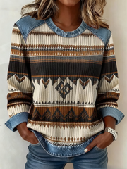 Women's Western Ethnic Aztec Printed Denim Patchwork Top