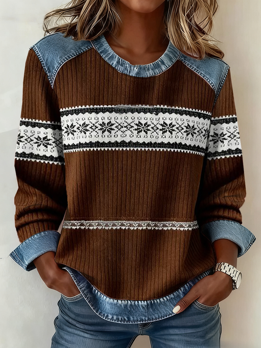 Women's Western Ethnic Aztec Printed Denim Patchwork Top