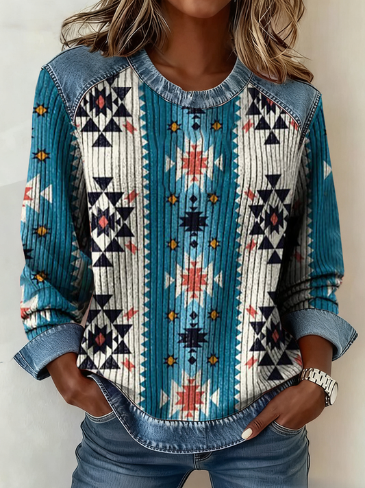 Women's Western Ethnic Aztec Printed Denim Patchwork Top