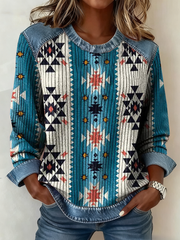 Women's Western Ethnic Aztec Printed Denim Patchwork Top
