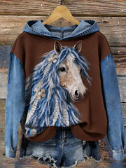 Women's Vintage Horse Art Patchwork Hooded Sweatshirt
