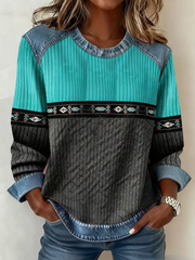 Women's Western Ethnic Aztec Printed Denim Patchwork Top