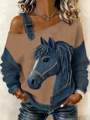 Women's Vintage Horse Art Patchwork Print Casual Off-Shoulder Sweatshirt