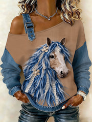 Women's Vintage Horse Art Patchwork Print Casual Off-Shoulder Sweatshirt
