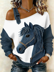 Women's Vintage Horse Art Patchwork Print Casual Off-Shoulder Sweatshirt