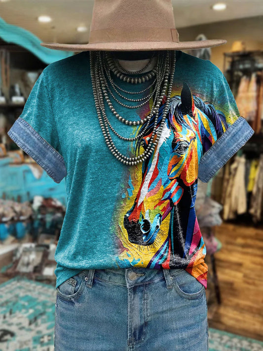 Women's Vintage Western Horse Leopard Patchwork Print Short Sleeve T-shirt