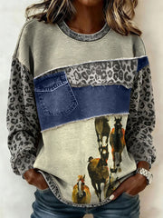 Women's Vintage Western Leopard Patchwork Print Casual Sweatshirt