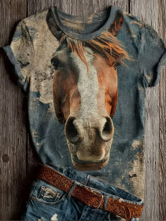Women's Vintage Horse Art Print Casual Short Sleeve T-shirt
