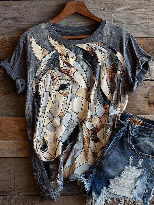 Women's Vintage Horse Art Print Casual Short Sleeve T-shirt