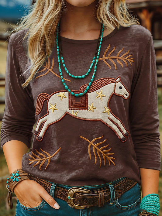 Women's Vintage Horse Art Print Casual  Long Sleeve T-shirt