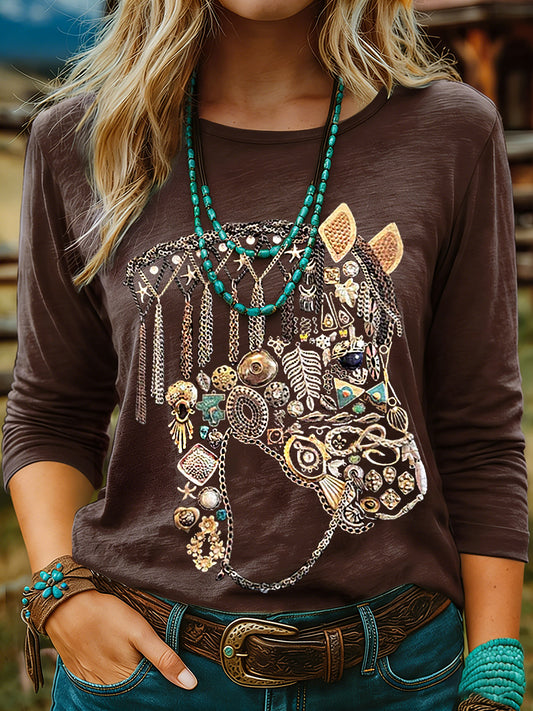 Women's Vintage Horse Art Print Casual Long Sleeve T-shirt