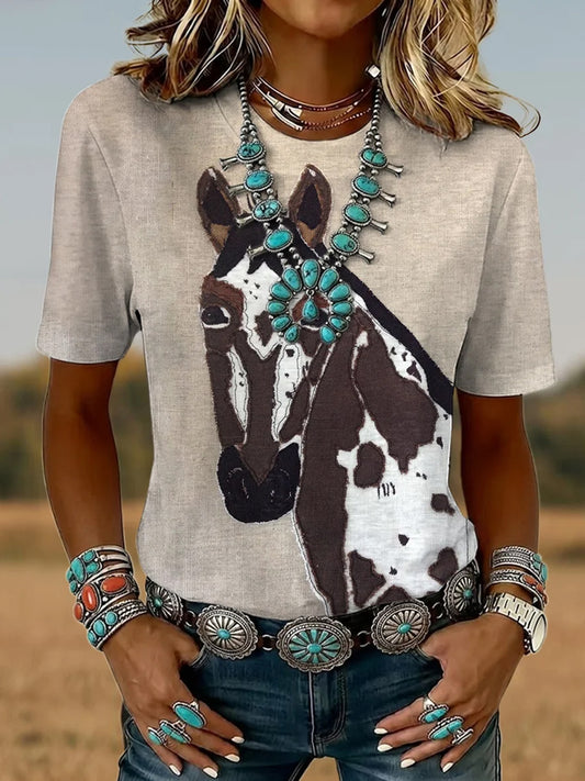 Women's Vintage Horse Art Print Casual Short Sleeve T-shirt