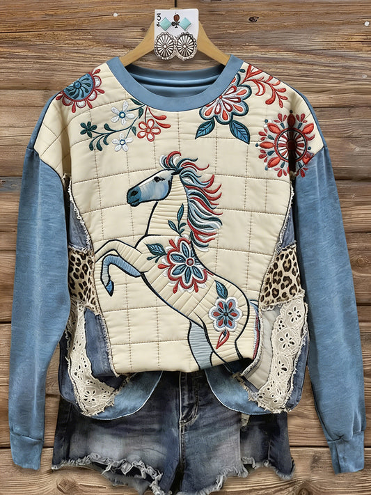 Women's Vintage Horse Art Print Casual Sweatshirt