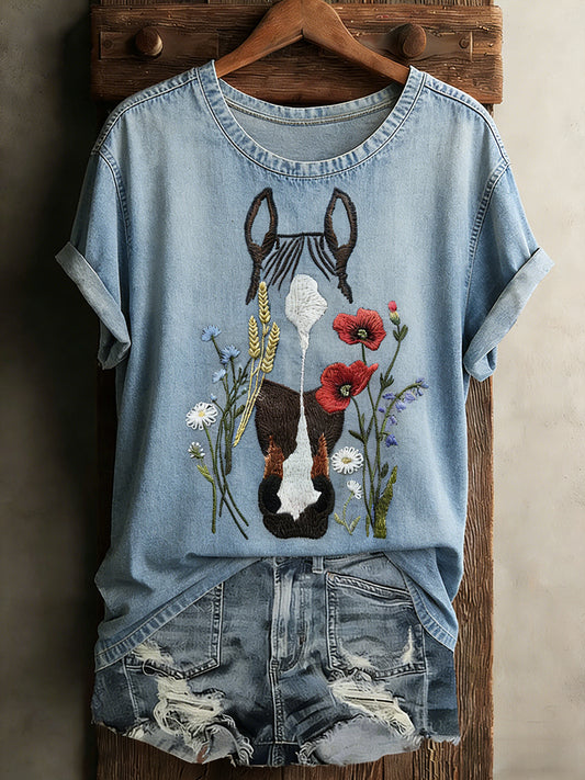 Women's Vintage Horse Art Print Casual Short Sleeve T-shirt
