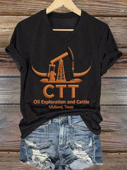 Women's Retro CTT Oil Exploration & Cattle Print Casual V-Neck Tee