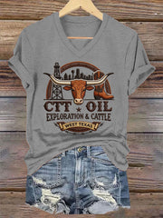 Women's Retro CTT Oil Exploration & Cattle Print Casual V-Neck Tee