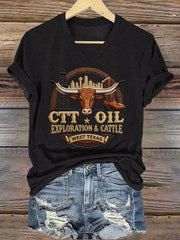 Women's Retro CTT Oil Exploration & Cattle Print Casual V-Neck Tee