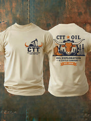 Men's Retro CTT Oil Exploration & Cattle Print Casual Tee