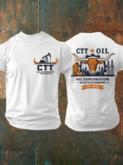 Men's Retro CTT Oil Exploration & Cattle Print Casual Tee
