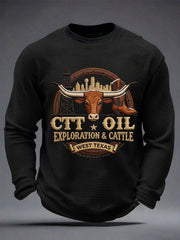 Men's Retro CTT Oil Exploration & Cattle Print Casual Waffle Long Sleeve T-Shirt