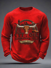 Men's Retro CTT Oil Exploration & Cattle Print Casual Waffle Long Sleeve T-Shirt