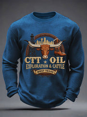 Men's Retro CTT Oil Exploration & Cattle Print Casual Waffle Long Sleeve T-Shirt