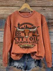 Women's Retro CTT Oil Exploration & Cattle Print Casual Sweatshirt