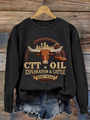Women's Retro CTT Oil Exploration & Cattle Print Casual Sweatshirt