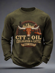 Men's Retro CTT Oil Exploration & Cattle Print Casual Waffle Long Sleeve T-Shirt