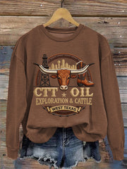 Women's Retro CTT Oil Exploration & Cattle Print Casual Sweatshirt
