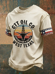 Men's Retro CTT Oil Exploration & Cattle Print Casual Tee