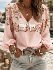 Women's Floral Horses Print V-Neck Tops