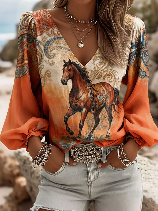 Women's Western Style Horse Print V-Neck Tops