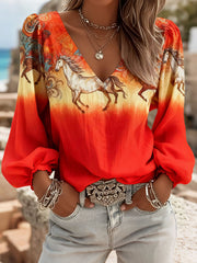 Women's Western Style Horse Print V-Neck Tops