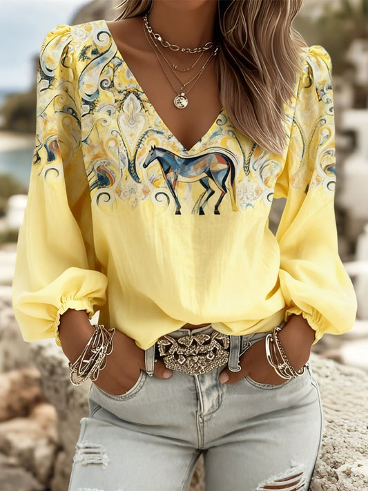 Women's Western Art Horse Print V-Neck Tops