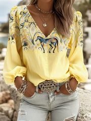 Women's Western Art Horse Print V-Neck Tops