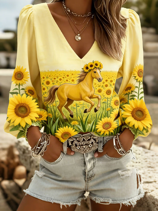 Women's Sunflower and Horse V-neck tops