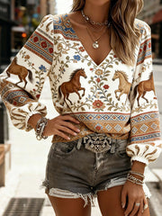Women's Western Floral Horse Print V-Neck Tops
