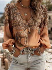 Women's Paisley Art Horse Print V-Neck Tops