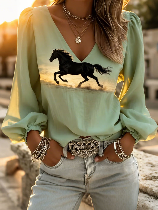 Women's Running Horse Print V-Neck Tops