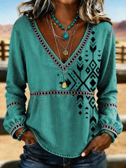 Women's Western Vintage Floral Print Casual V-Neck T-Shirt