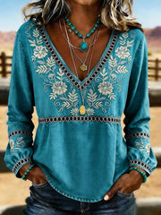 Women's Western Vintage Floral Print Casual V-Neck T-Shirt