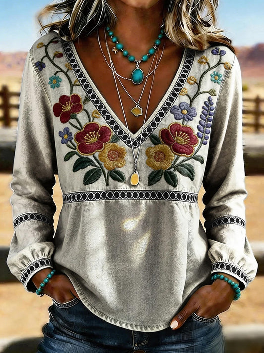 Women's Western Vintage Floral Print Casual V-Neck T-Shirt