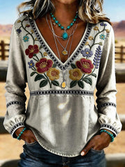 Women's Western Vintage Floral Print Casual V-Neck T-Shirt