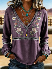 Women's Western Vintage Floral Print Casual V-Neck T-Shirt