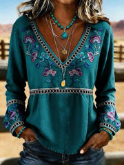 Women's Western Vintage Floral Print Casual V-Neck T-Shirt