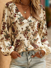 Women's Western Style Plant Flower Printed V-neck Tops