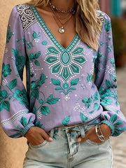 Women's Western Style Plant Flower Printed V-neck Tops